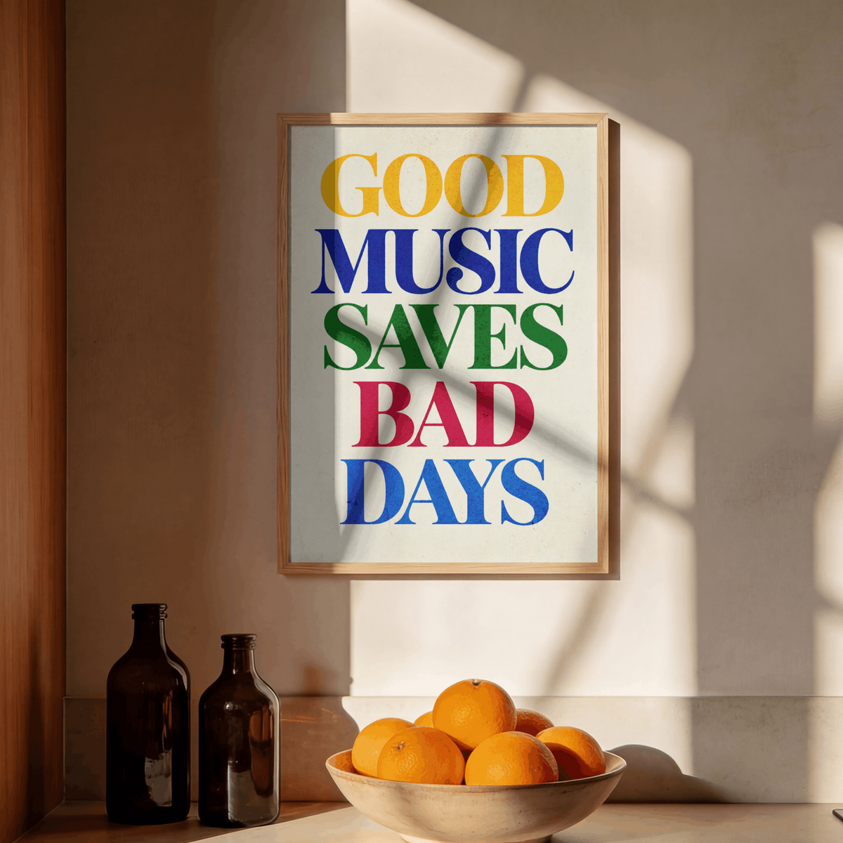 Good Music Saves Bad Days Art Print – Colorful Retro Typography Music Wall Art & Framed Aesthetic Decor