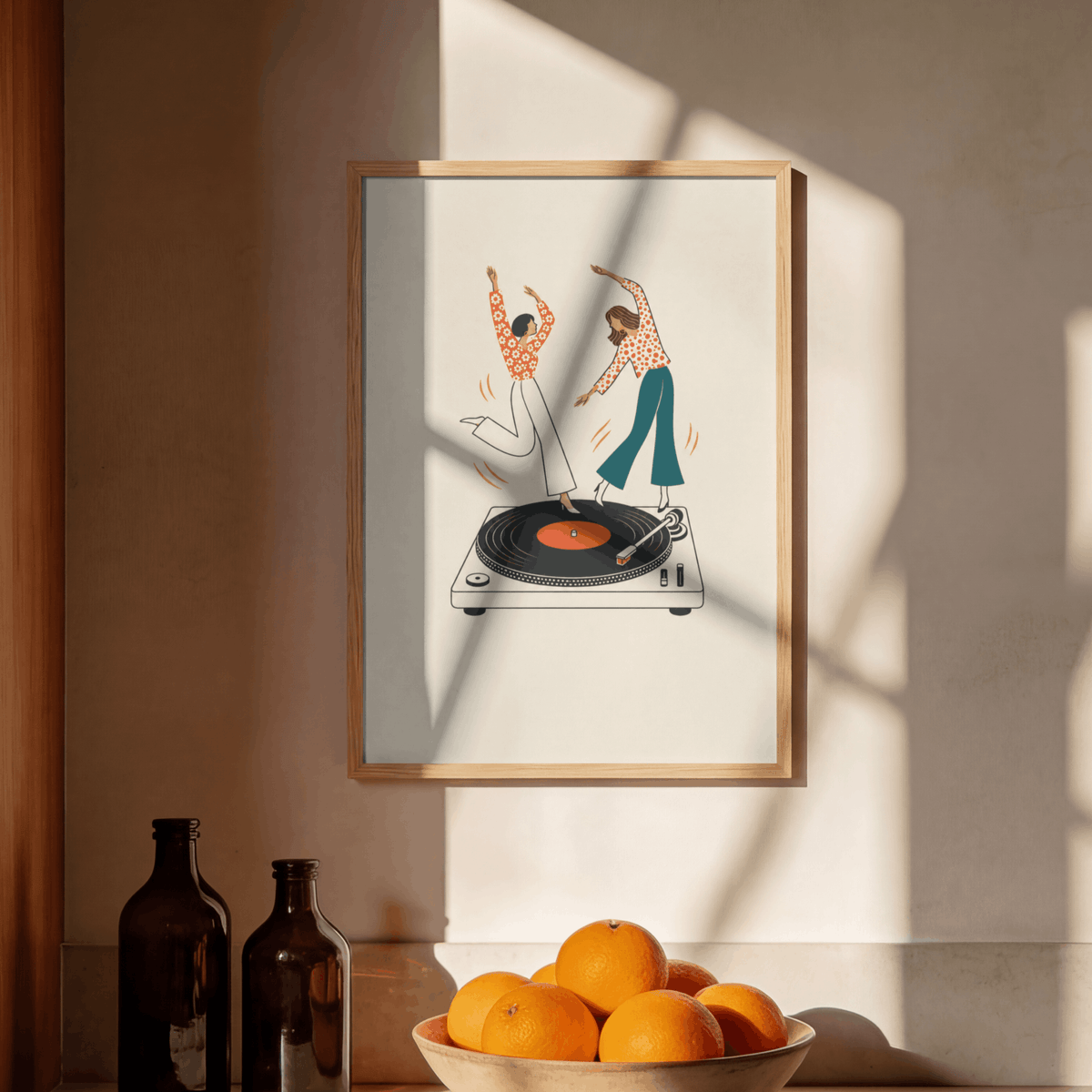 Dancing on Turntable Art Print – Retro Girls Dancing on Vinyl Record Music Wall Art & Framed Aesthetic Decor