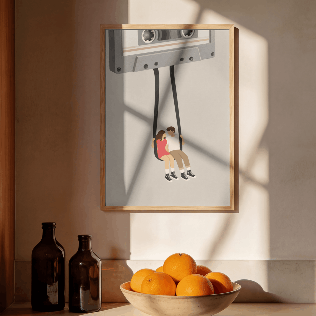 Cassette Tape Swing Art Print – Retro Mixtape Couple Music Wall Art & Framed Aesthetic Decor