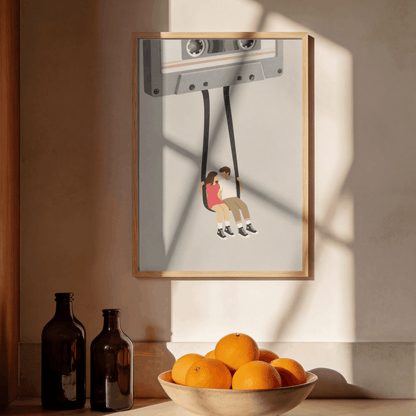Cassette Tape Swing Art Print – Retro Mixtape Couple Music Wall Art & Framed Aesthetic Decor