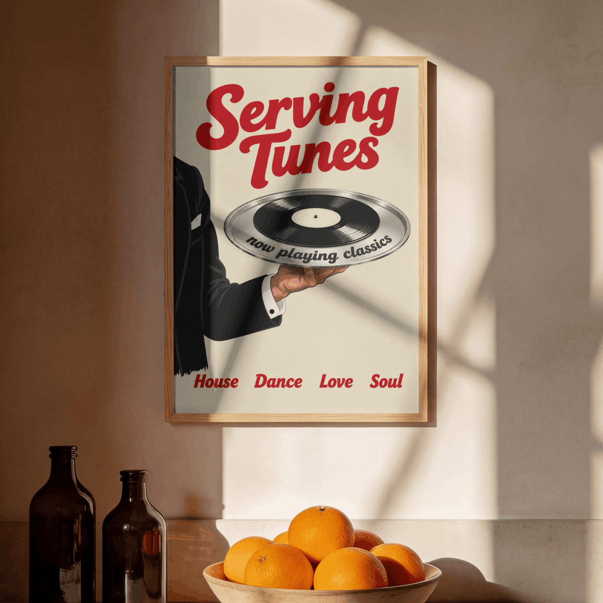 Serving Tunes Art Print – Retro Butler Vinyl Record Music Wall Art & Framed Aesthetic Decor