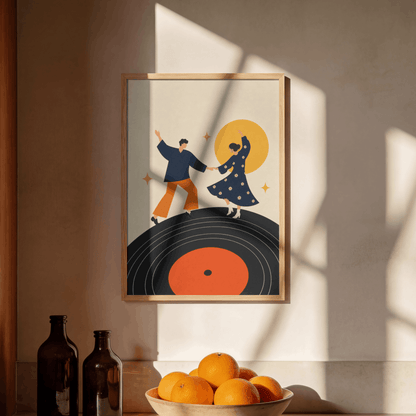 Dancing on Vinyl Art Print – Mid-Century Modern Couple Music Wall Art & Framed Aesthetic Decor