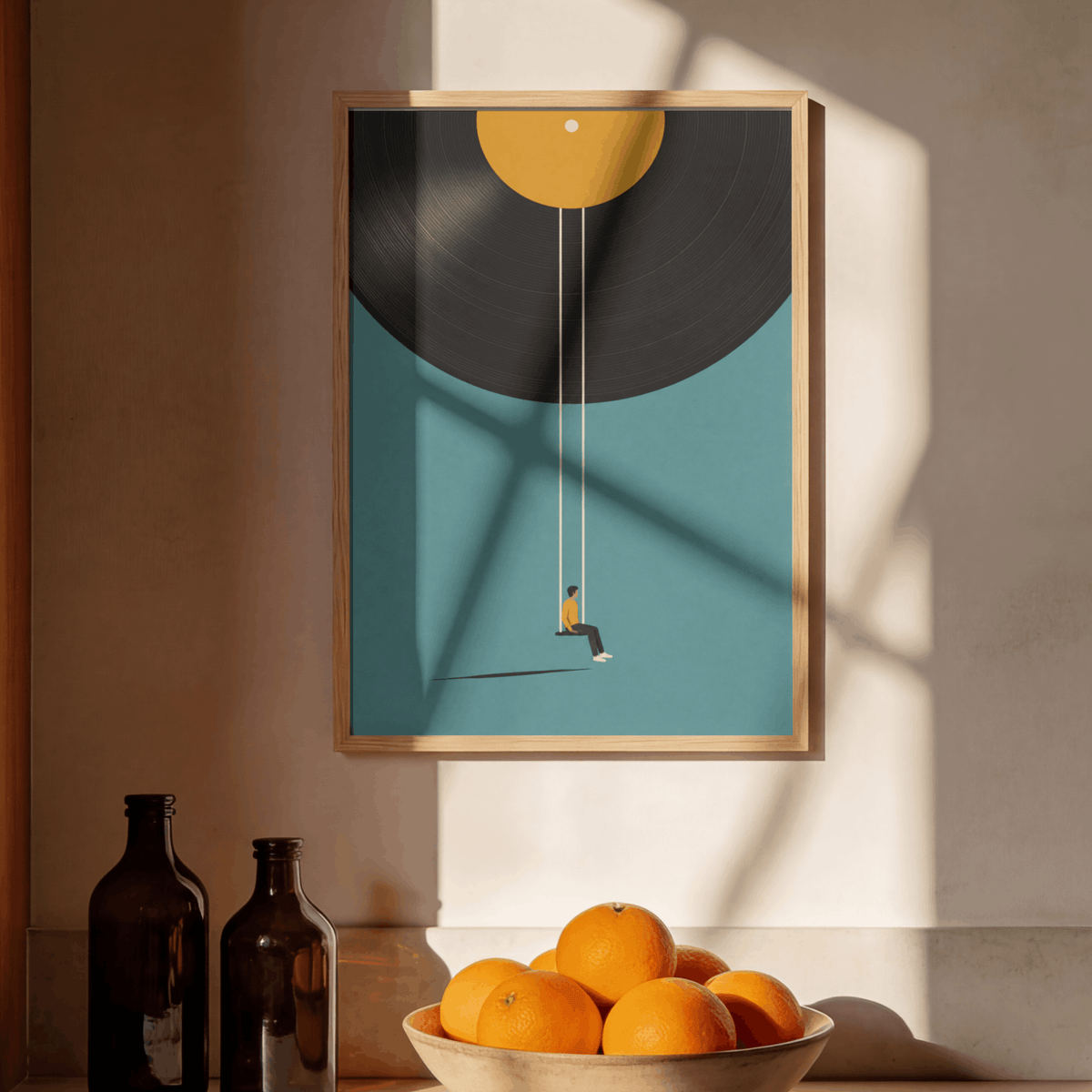 Vinyl Record Swing Art Print – Minimalist Surreal Music Wall Art & Framed Aesthetic Decor