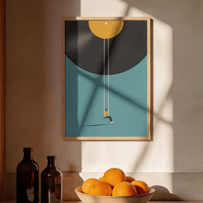 Vinyl Record Swing Art Print – Minimalist Surreal Music Wall Art & Framed Aesthetic Decor