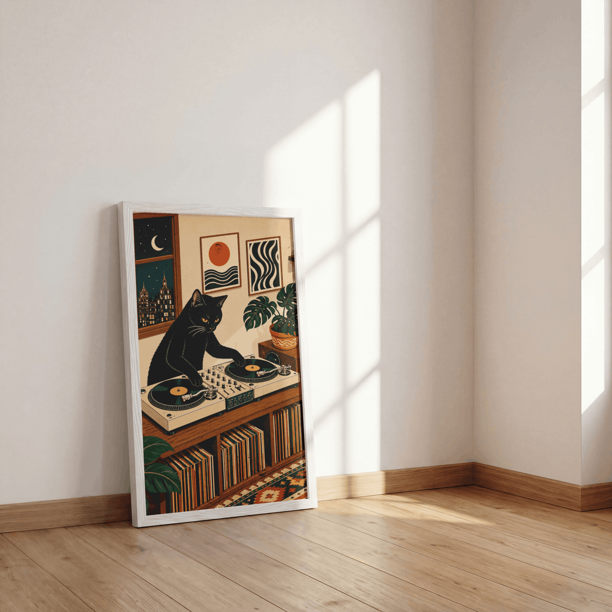 DJ Black Cat Vinyl Record Art Print – Retro Aesthetic Music Room Poster & Framed Wall Decor