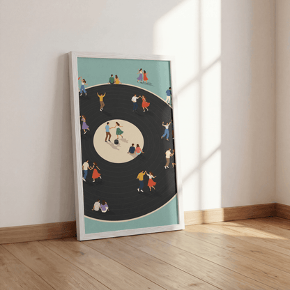 Vinyl Dance Floor Art Print – Retro People Dancing on Vinyl Record Music Wall Art & Framed Aesthetic Decor