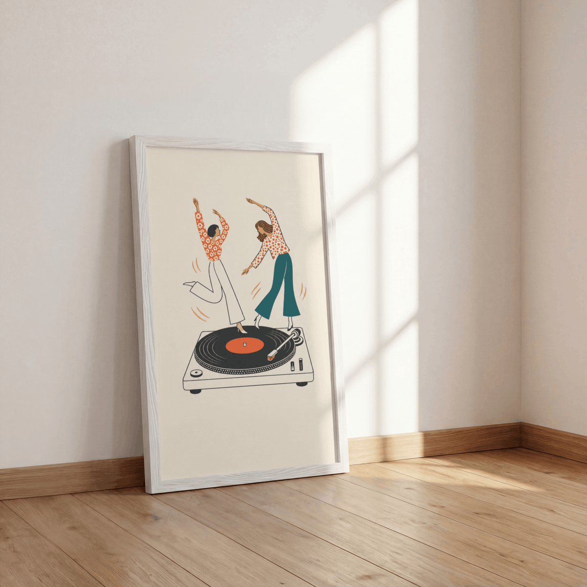 Dancing on Turntable Art Print – Retro Girls Dancing on Vinyl Record Music Wall Art & Framed Aesthetic Decor