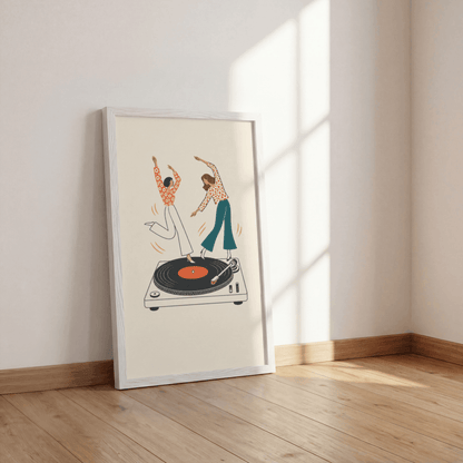 Dancing on Turntable Art Print – Retro Girls Dancing on Vinyl Record Music Wall Art & Framed Aesthetic Decor