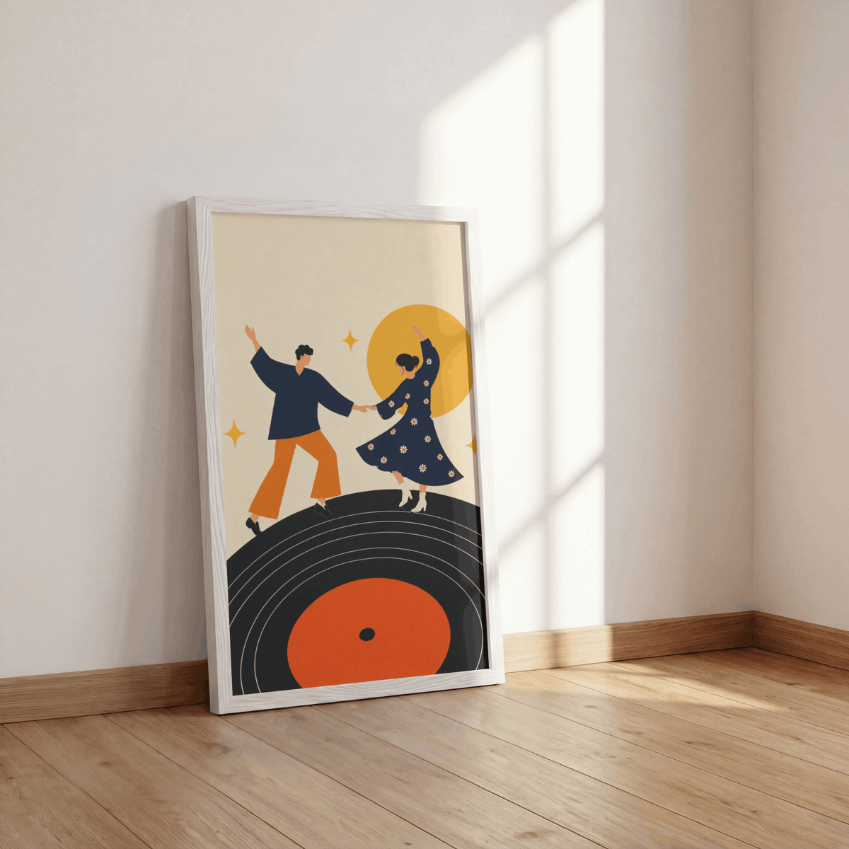 Dancing on Vinyl Art Print – Mid-Century Modern Couple Music Wall Art & Framed Aesthetic Decor
