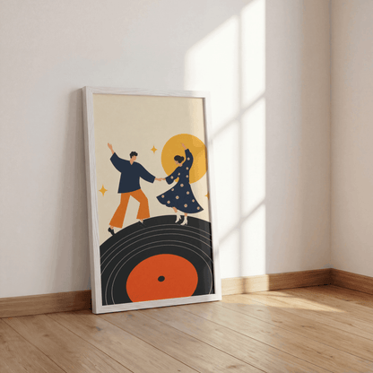 Dancing on Vinyl Art Print – Mid-Century Modern Couple Music Wall Art & Framed Aesthetic Decor