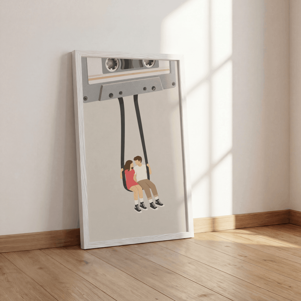 Cassette Tape Swing Art Print – Retro Mixtape Couple Music Wall Art & Framed Aesthetic Decor