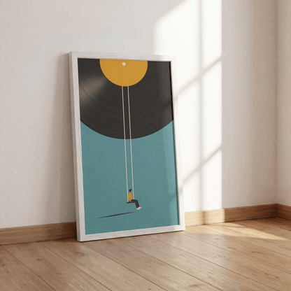 Vinyl Record Swing Art Print – Minimalist Surreal Music Wall Art & Framed Aesthetic Decor