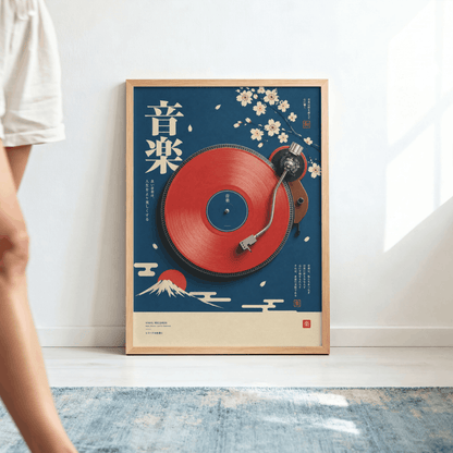 Japanese Cherry Blossom Vinyl Art Print – Retro Mount Fuji Turntable Music Wall Art & Framed Aesthetic Decor