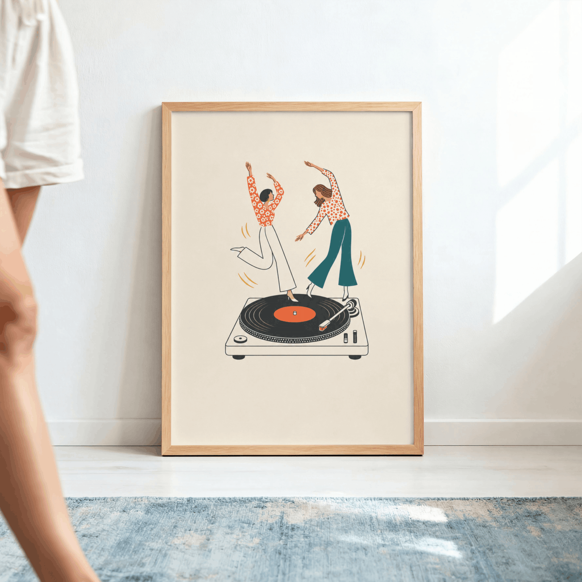 Dancing on Turntable Art Print – Retro Girls Dancing on Vinyl Record Music Wall Art & Framed Aesthetic Decor