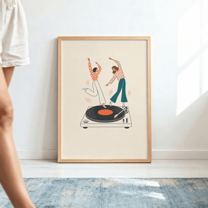 Dancing on Turntable Art Print – Retro Girls Dancing on Vinyl Record Music Wall Art & Framed Aesthetic Decor