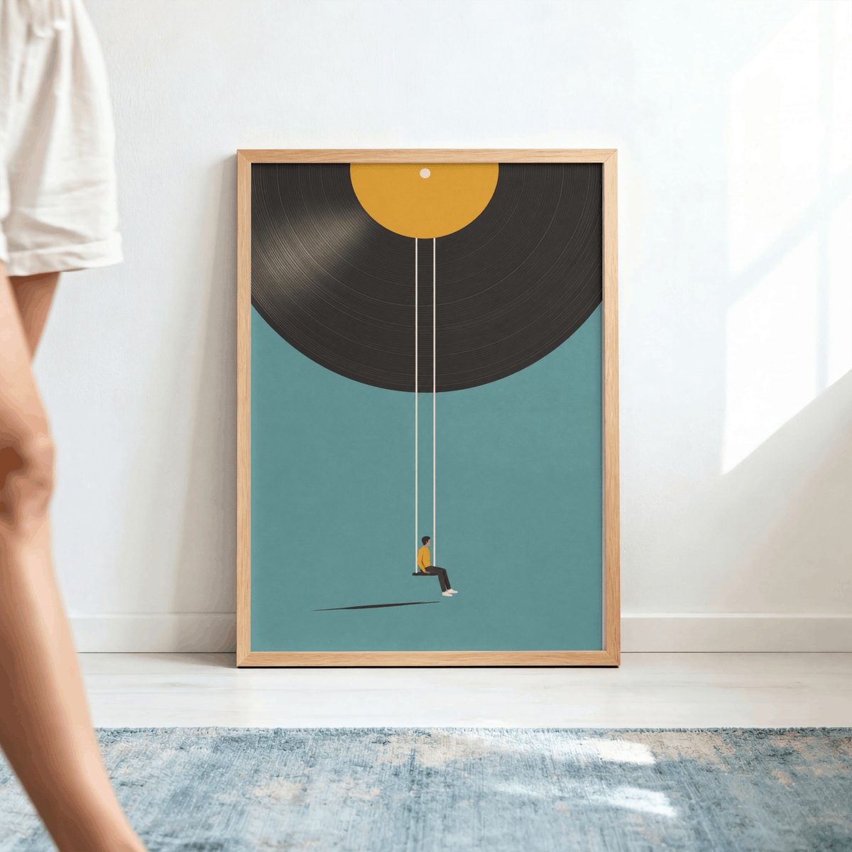 Vinyl Record Swing Art Print – Minimalist Surreal Music Wall Art & Framed Aesthetic Decor
