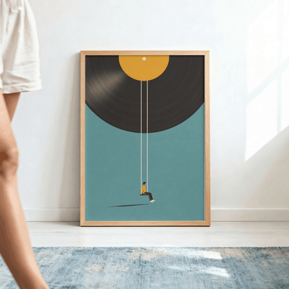 Vinyl Record Swing Art Print – Minimalist Surreal Music Wall Art & Framed Aesthetic Decor