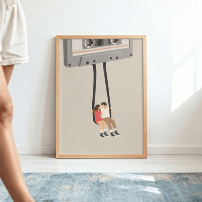 Cassette Tape Swing Art Print – Retro Mixtape Couple Music Wall Art & Framed Aesthetic Decor