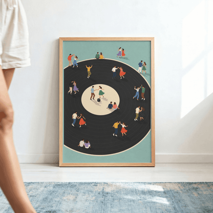Vinyl Dance Floor Art Print – Retro People Dancing on Vinyl Record Music Wall Art & Framed Aesthetic Decor