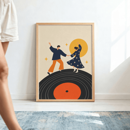 Dancing on Vinyl Art Print – Mid-Century Modern Couple Music Wall Art & Framed Aesthetic Decor