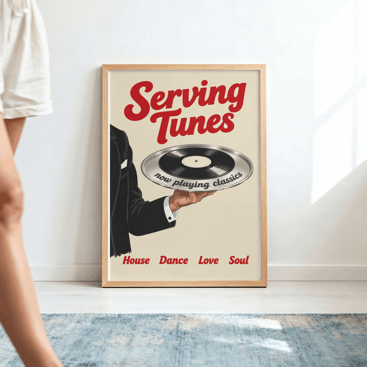 Serving Tunes Art Print – Retro Butler Vinyl Record Music Wall Art & Framed Aesthetic Decor