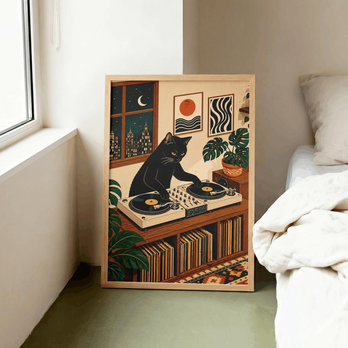 DJ Black Cat Vinyl Record Art Print – Retro Aesthetic Music Room Poster & Framed Wall Decor