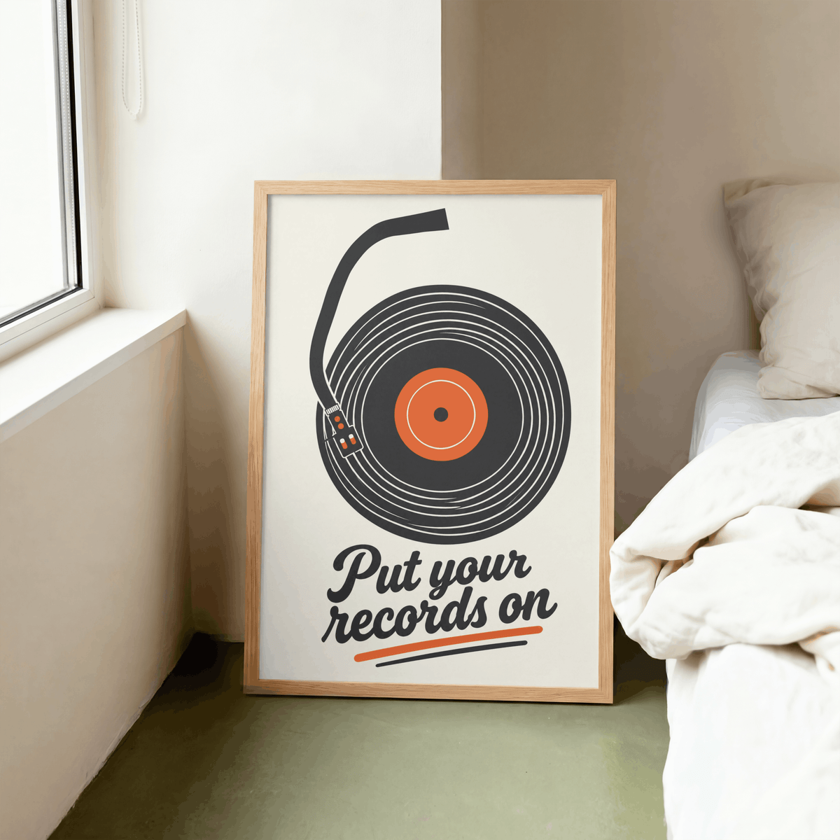 Put Your Records On Art Print – Retro Vinyl Turntable Music Wall Art & Framed Aesthetic Decor
