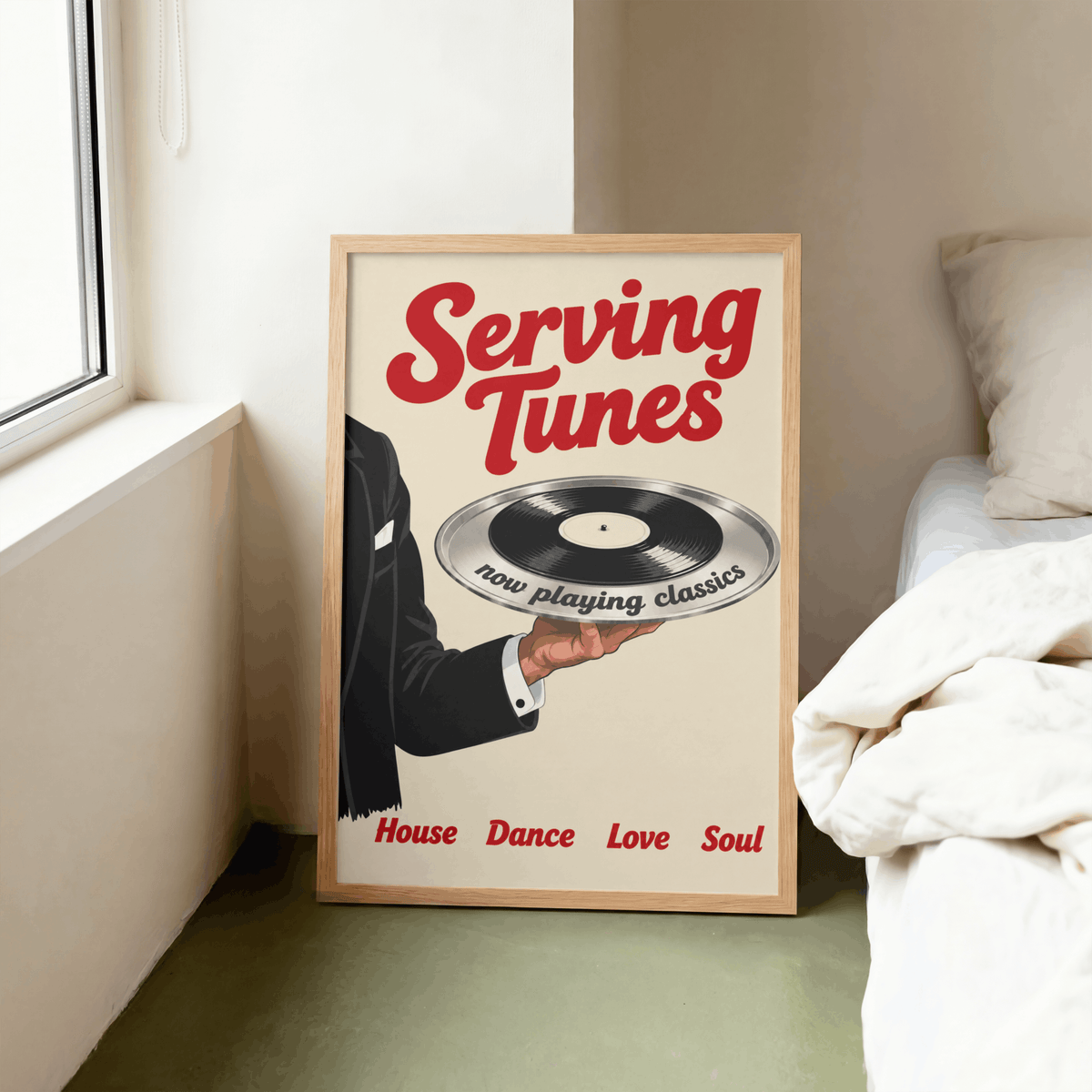 Serving Tunes Art Print – Retro Butler Vinyl Record Music Wall Art & Framed Aesthetic Decor