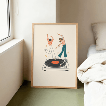 Dancing on Turntable Art Print – Retro Girls Dancing on Vinyl Record Music Wall Art & Framed Aesthetic Decor