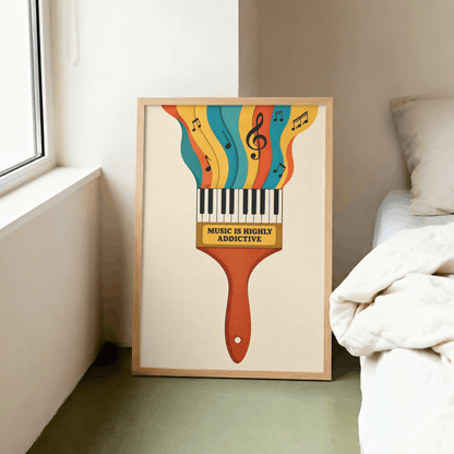 Music Is Highly Addictive Art Print – Retro Paintbrush Piano Music Wall Art & Framed Aesthetic Decor