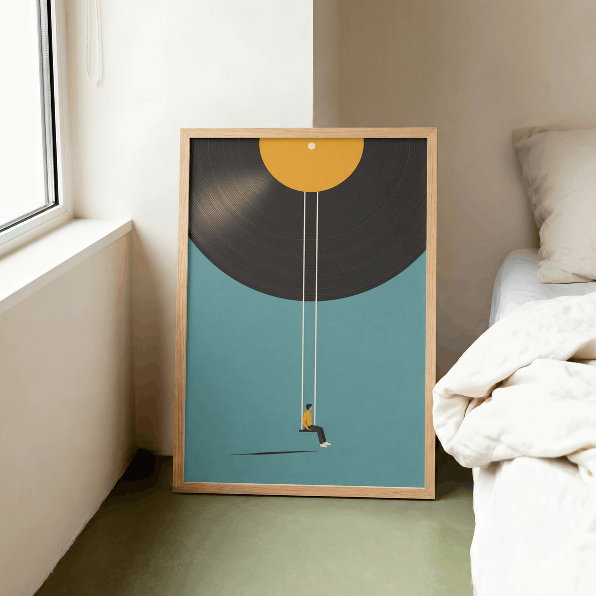 Vinyl Record Swing Art Print – Minimalist Surreal Music Wall Art & Framed Aesthetic Decor