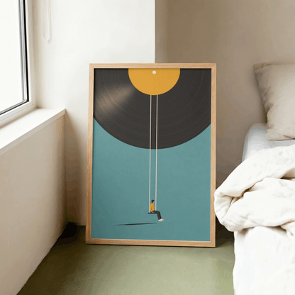 Vinyl Record Swing Art Print – Minimalist Surreal Music Wall Art & Framed Aesthetic Decor