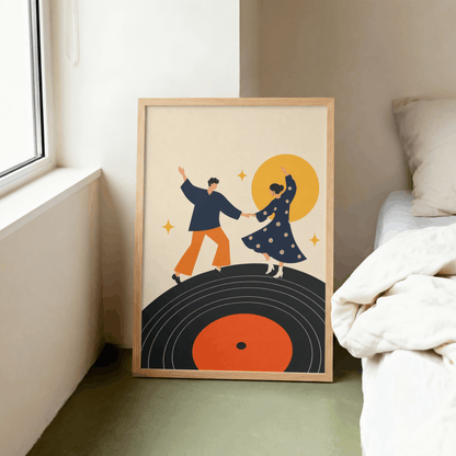 Dancing on Vinyl Art Print – Mid-Century Modern Couple Music Wall Art & Framed Aesthetic Decor