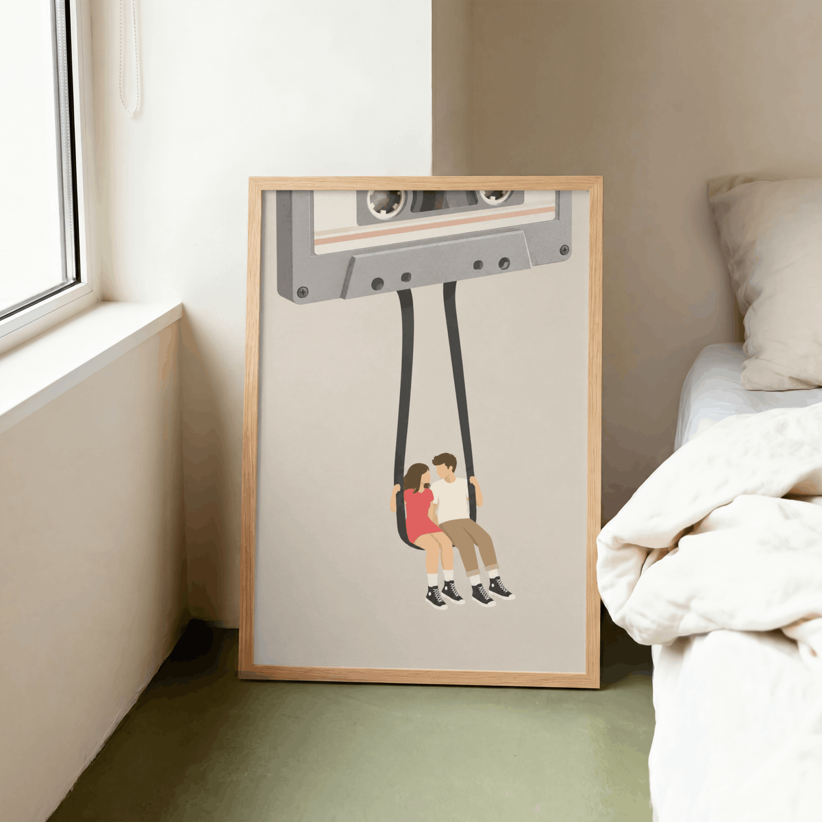 Cassette Tape Swing Art Print – Retro Mixtape Couple Music Wall Art & Framed Aesthetic Decor
