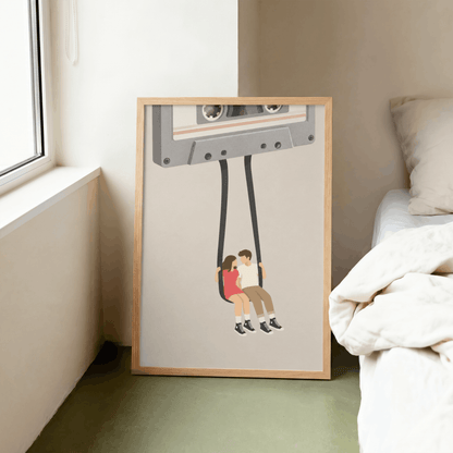 Cassette Tape Swing Art Print – Retro Mixtape Couple Music Wall Art & Framed Aesthetic Decor