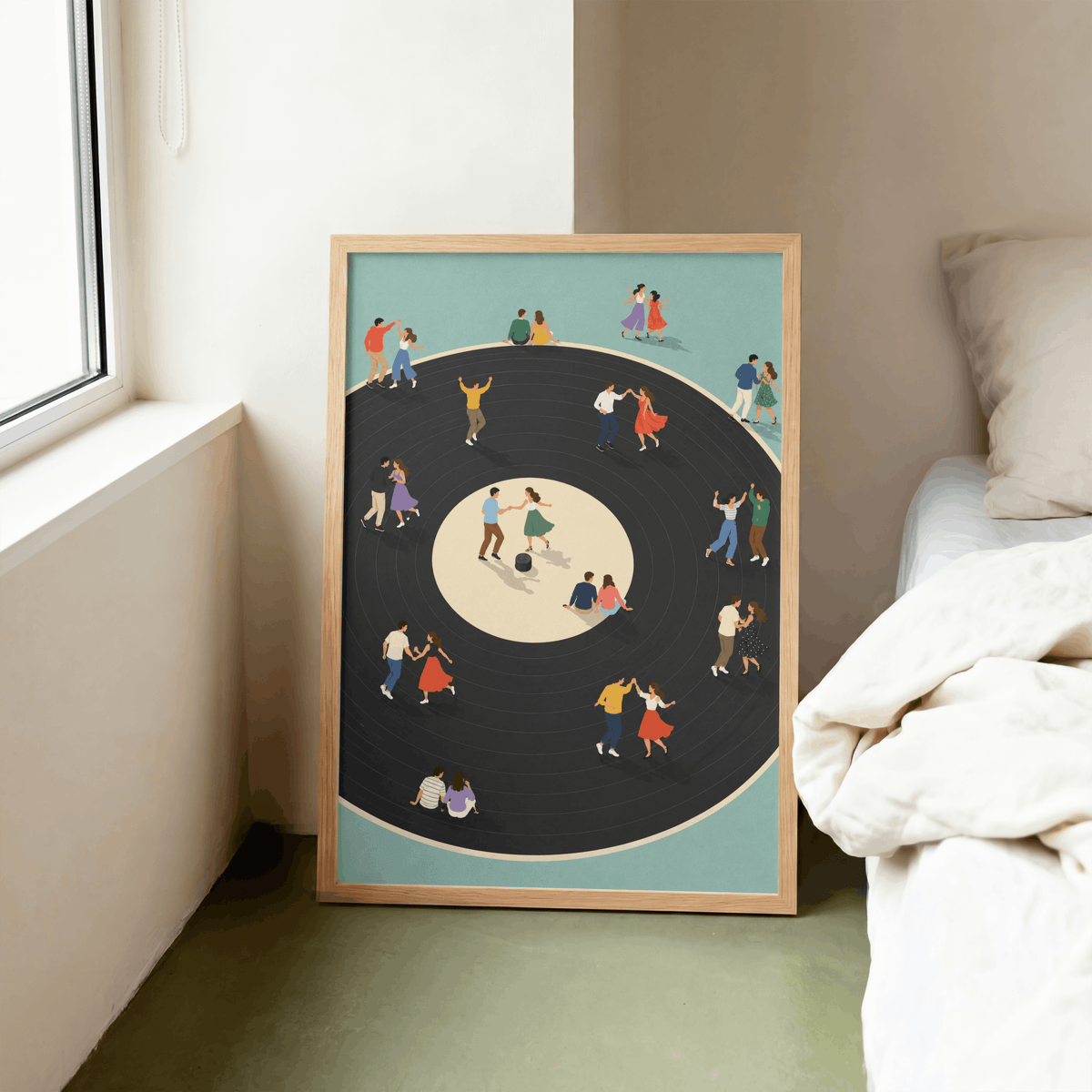 Vinyl Dance Floor Art Print – Retro People Dancing on Vinyl Record Music Wall Art & Framed Aesthetic Decor