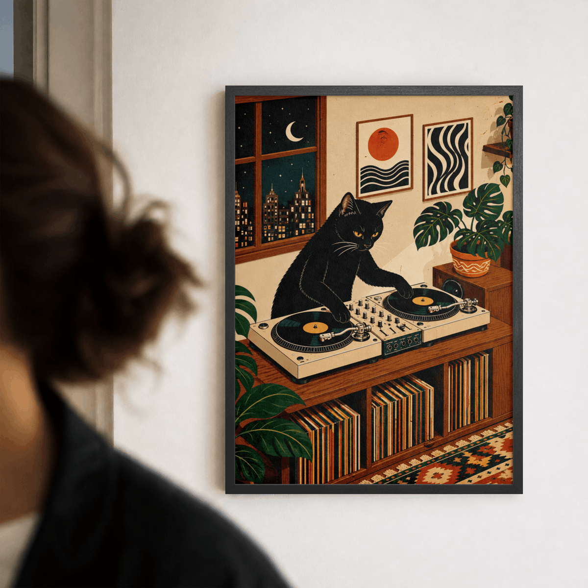 DJ Black Cat Vinyl Record Art Print – Retro Aesthetic Music Room Poster & Framed Wall Decor