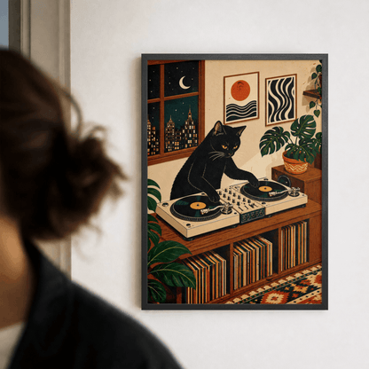 DJ Black Cat Vinyl Record Art Print – Retro Aesthetic Music Room Poster & Framed Wall Decor