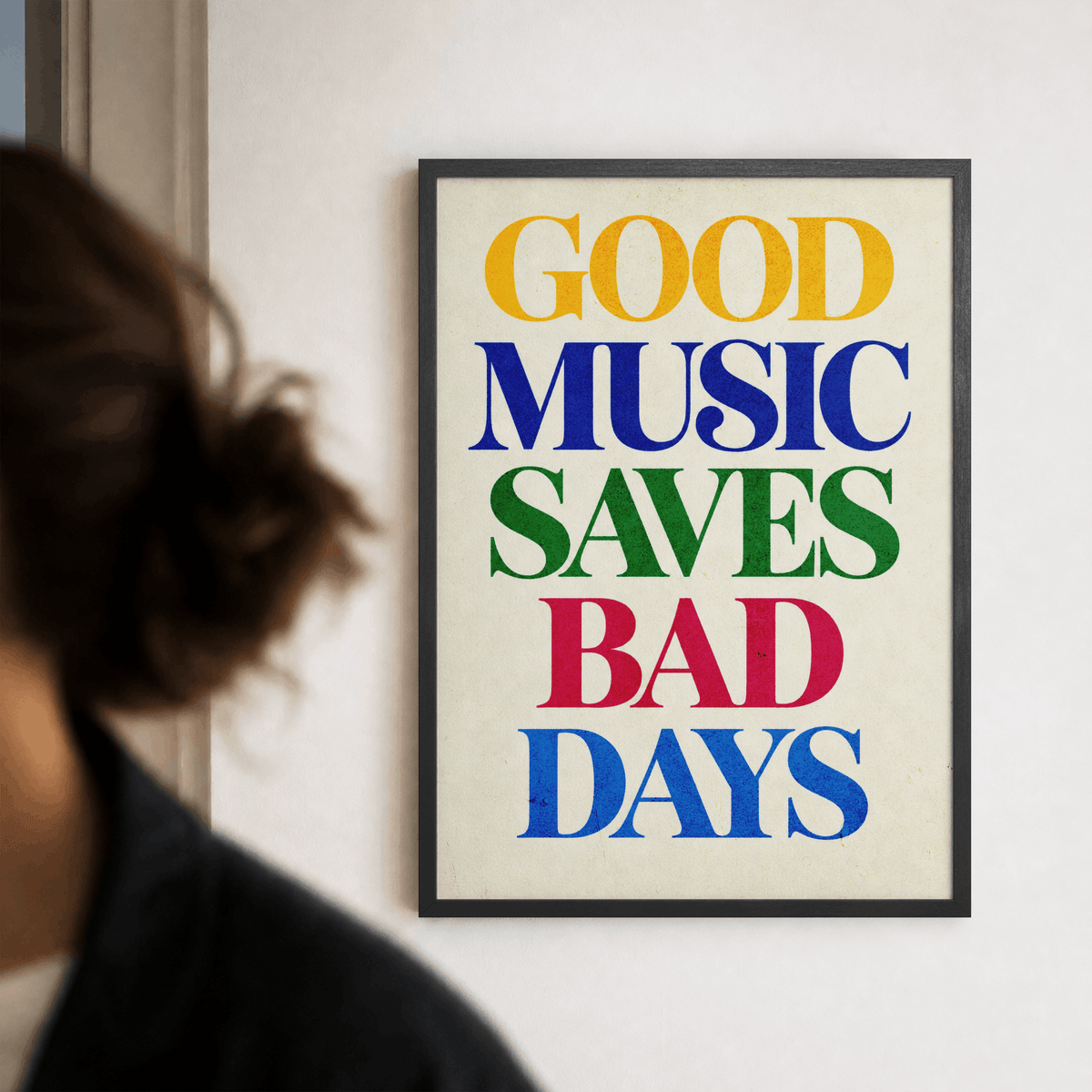 Good Music Saves Bad Days Art Print – Colorful Retro Typography Music Wall Art & Framed Aesthetic Decor