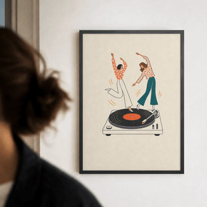 Dancing on Turntable Art Print – Retro Girls Dancing on Vinyl Record Music Wall Art & Framed Aesthetic Decor