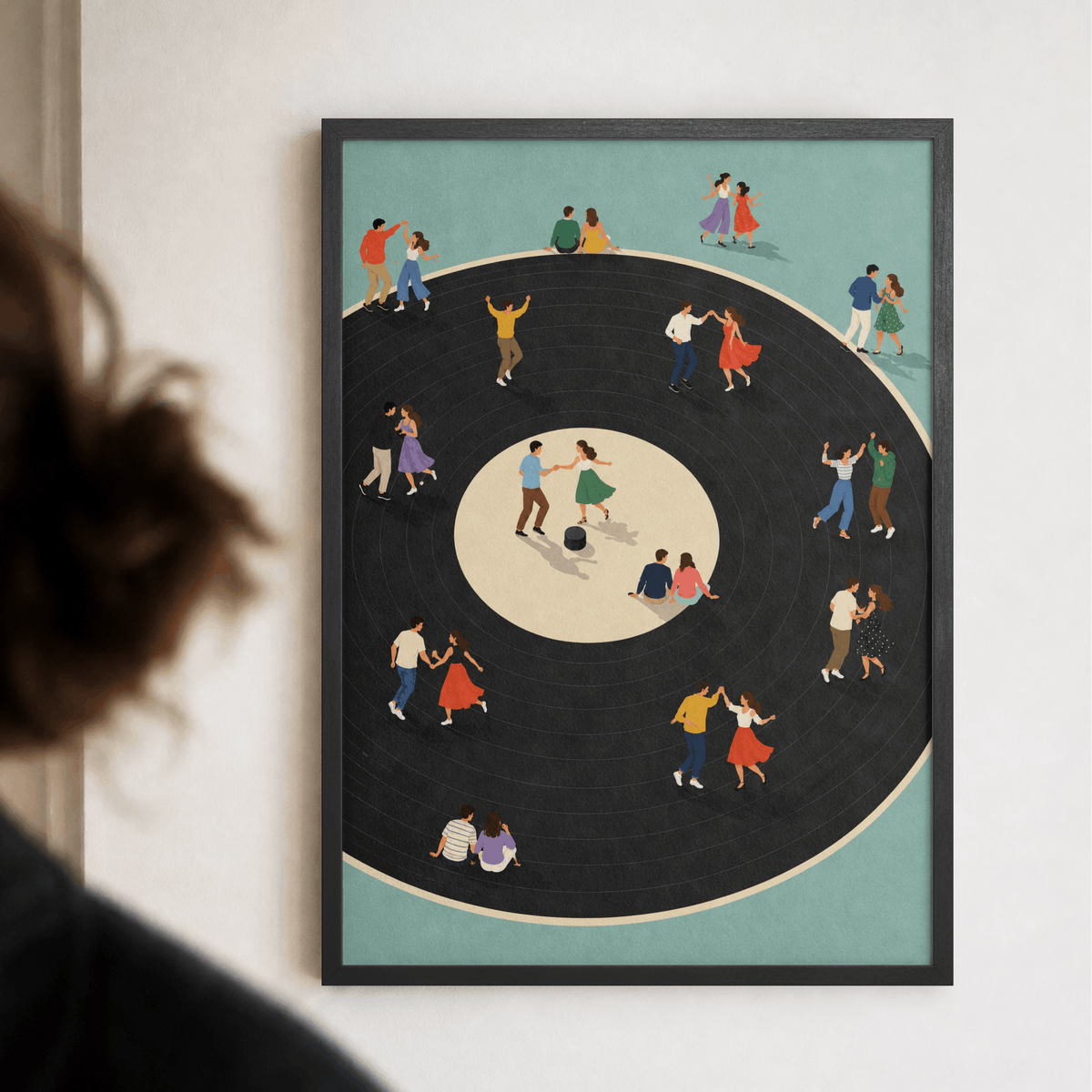 Vinyl Dance Floor Art Print – Retro People Dancing on Vinyl Record Music Wall Art & Framed Aesthetic Decor