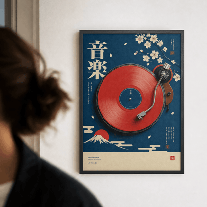Japanese Cherry Blossom Vinyl Art Print – Retro Mount Fuji Turntable Music Wall Art & Framed Aesthetic Decor