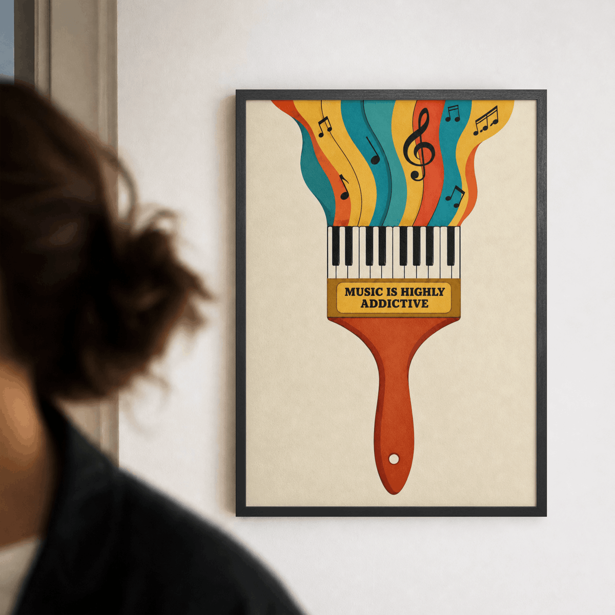 Music Is Highly Addictive Art Print – Retro Paintbrush Piano Music Wall Art & Framed Aesthetic Decor
