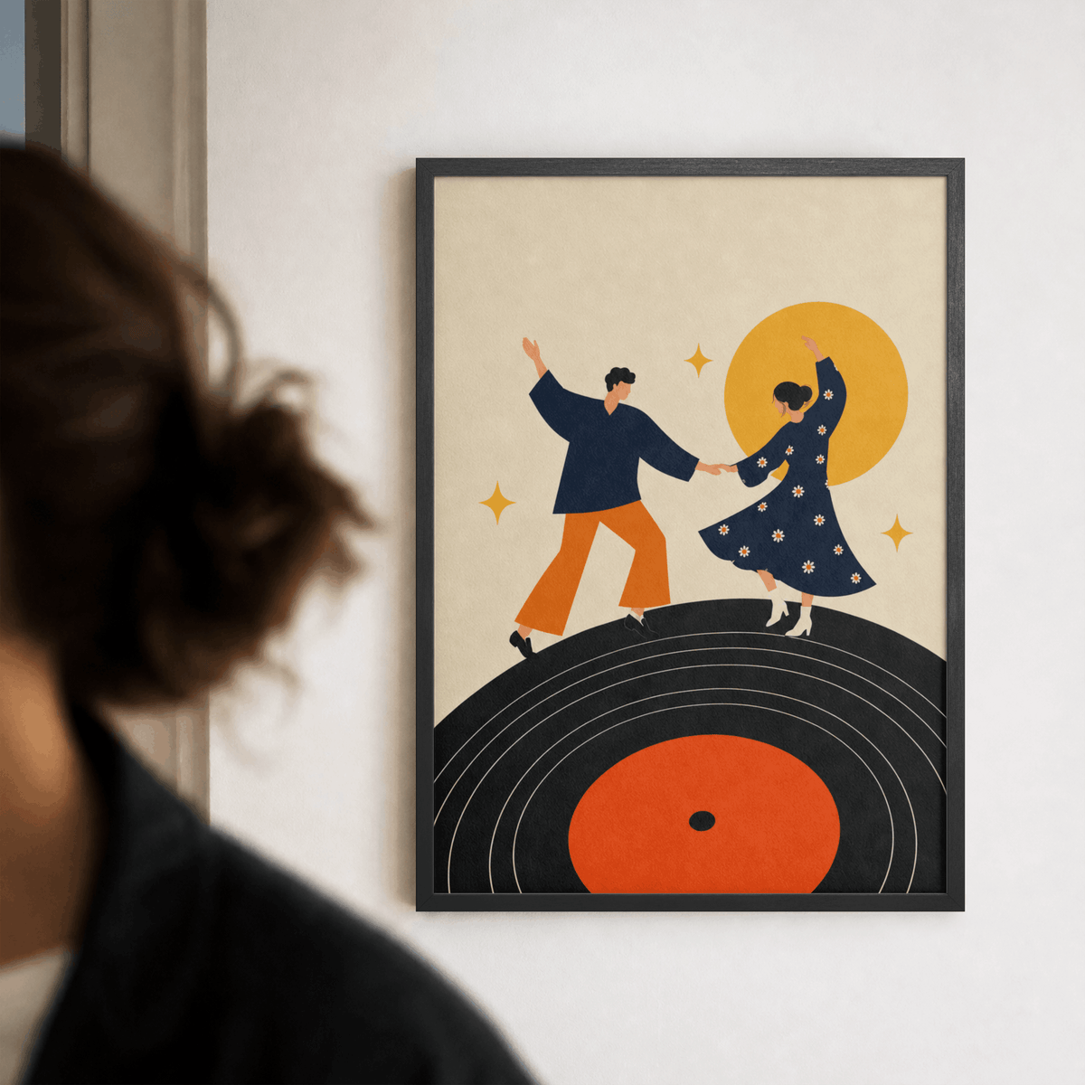 Dancing on Vinyl Art Print – Mid-Century Modern Couple Music Wall Art & Framed Aesthetic Decor