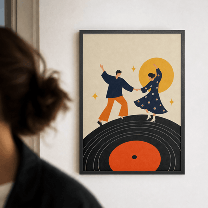 Dancing on Vinyl Art Print – Mid-Century Modern Couple Music Wall Art & Framed Aesthetic Decor