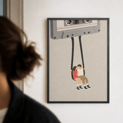 Cassette Tape Swing Art Print – Retro Mixtape Couple Music Wall Art & Framed Aesthetic Decor