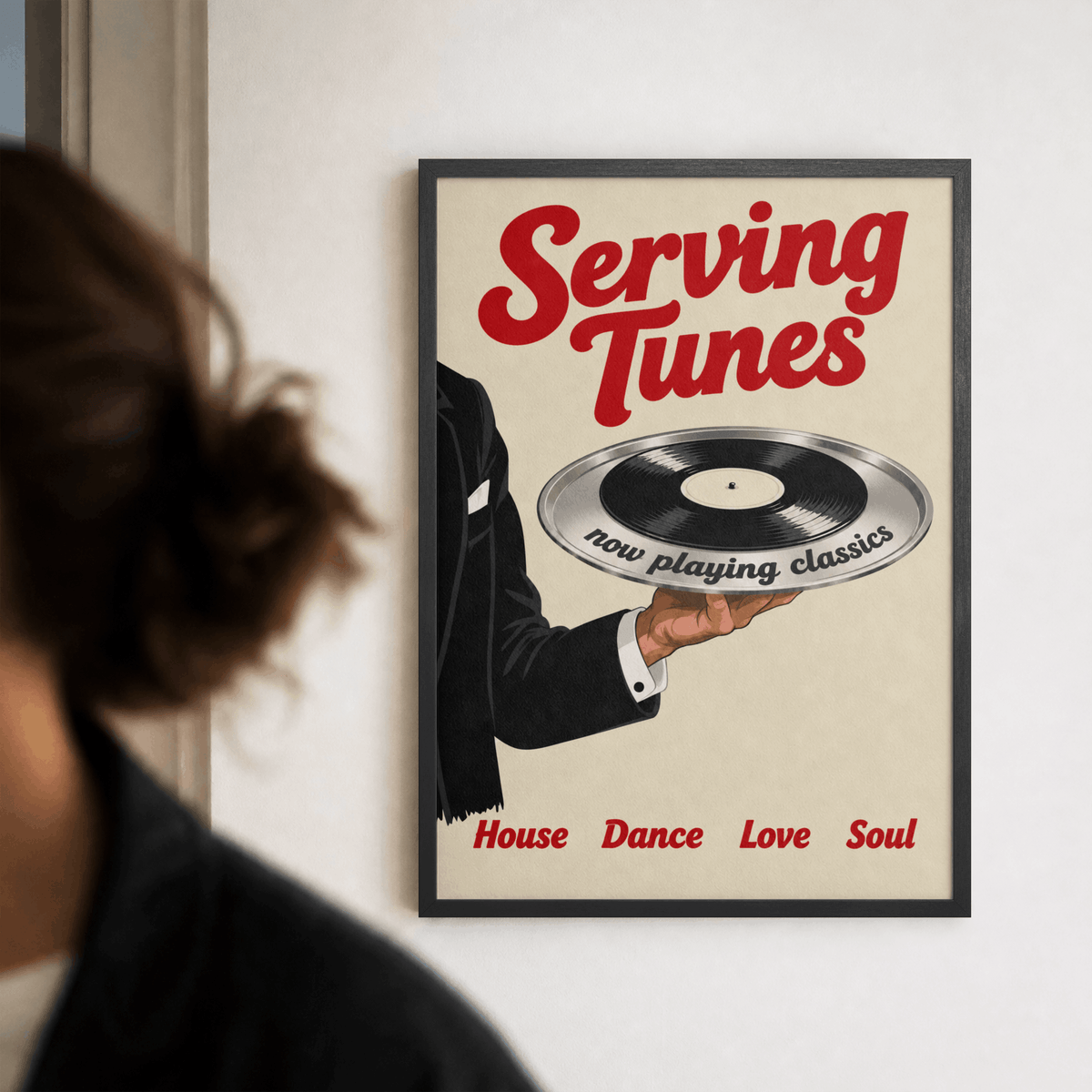 Serving Tunes Art Print – Retro Butler Vinyl Record Music Wall Art & Framed Aesthetic Decor