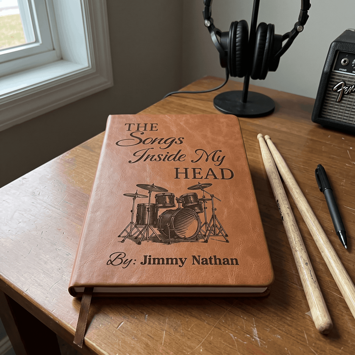 Personalized Drummer Journal | "The Songs Inside My Head" Custom Leather Notebook & Songwriting Gift