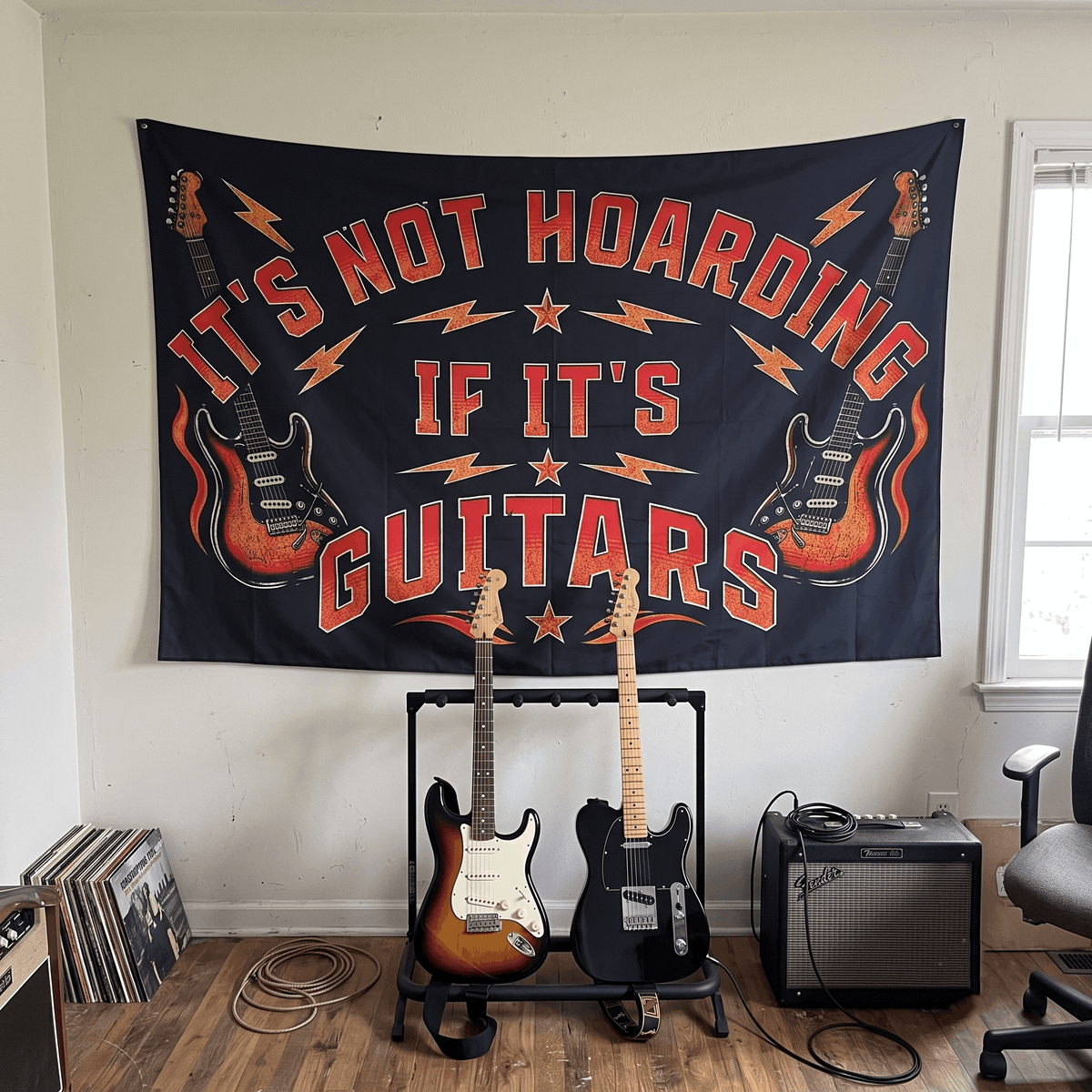 Funny Guitar Wall Tapestry | "It's Not Hoarding If It's Guitars" Music Room Decor & Musician Gift