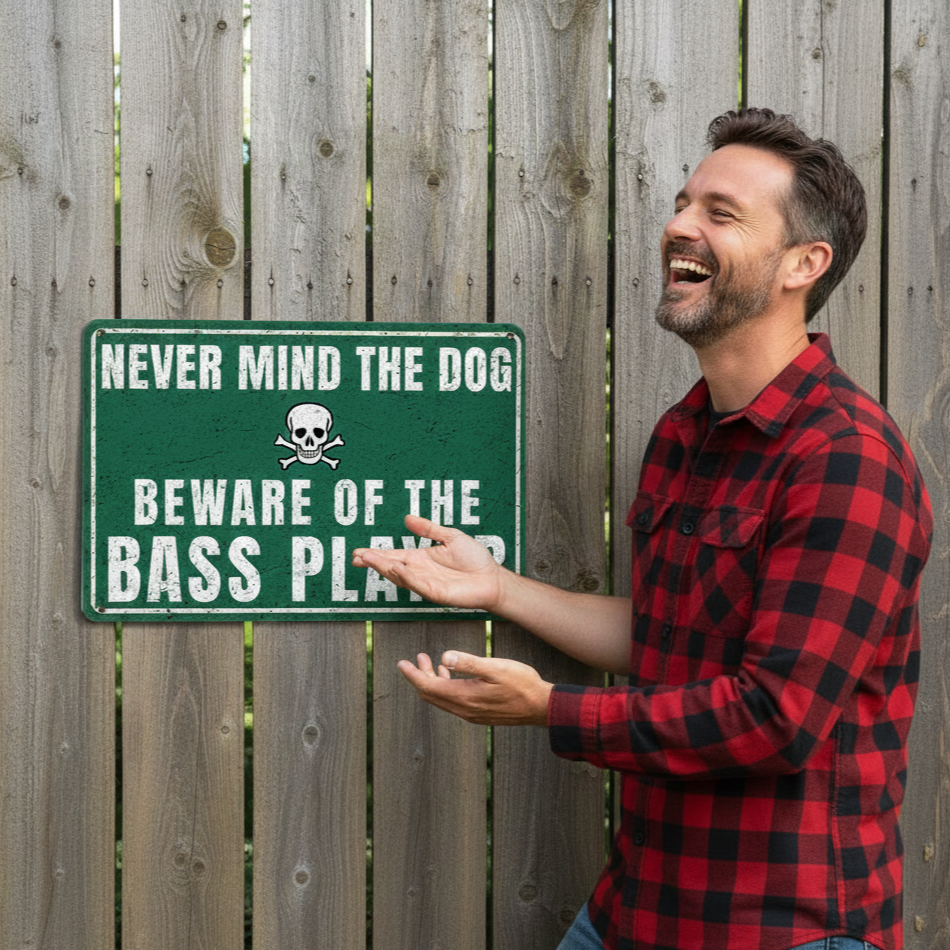 A vintage-style green metal sign with a skull and crossbones icon that reads 'Never mind the dog, beware of the bass player' mounted on a rustic wooden fence.